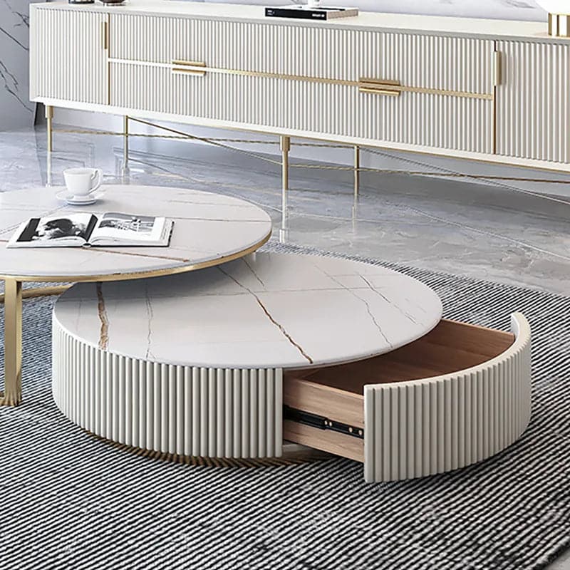 Round Modern Stone Top Nesting Coffee Table Fluted with Drawer in White & Gold