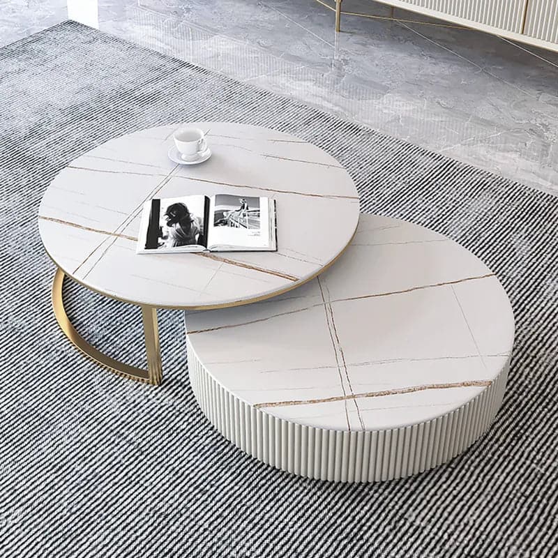 Round Modern Stone Top Nesting Coffee Table Fluted with Drawer in White & Gold