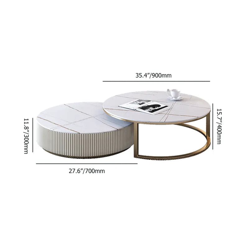 Round Modern Stone Top Nesting Coffee Table Fluted with Drawer in White & Gold