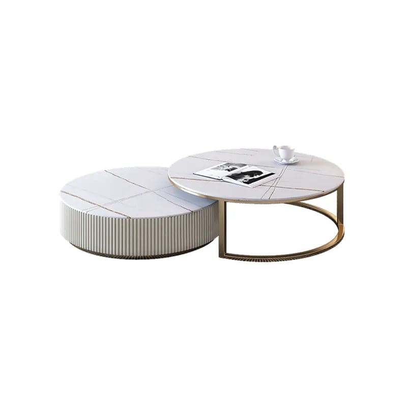 Round Modern Stone Top Nesting Coffee Table Fluted with Drawer in White & Gold