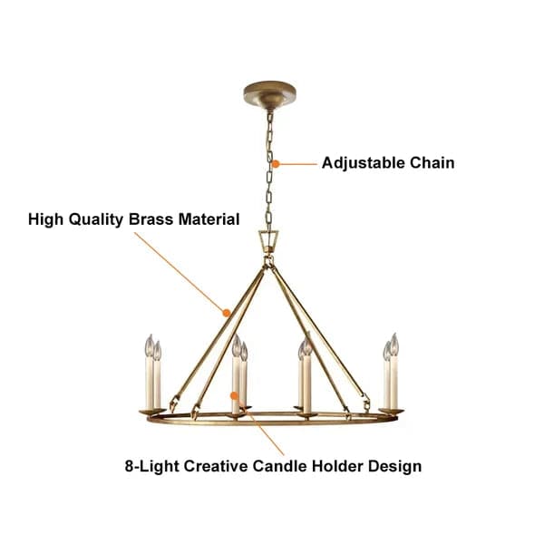 Rustic Candle 8-Light Round Chandelier Antique Brass Living Room