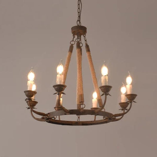 Rustic Flaxen Hemp Rope & Metal 8-Light Round Candelabra Chandelier in Rust