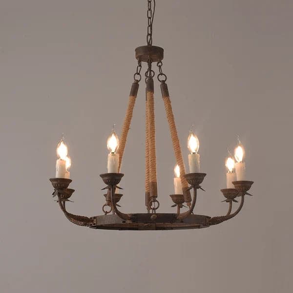 Rustic Flaxen Hemp Rope & Metal 8-Light Round Candelabra Chandelier in Rust