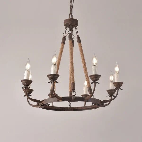 Rustic Flaxen Hemp Rope & Metal 8-Light Round Candelabra Chandelier in Rust