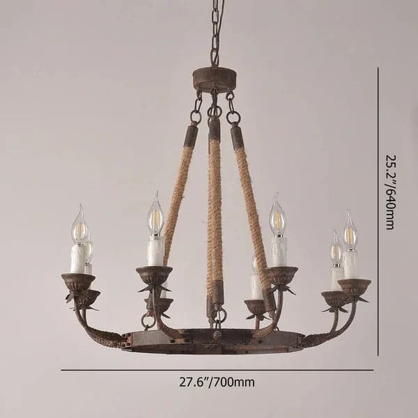 Rustic Flaxen Hemp Rope & Metal 8-Light Round Candelabra Chandelier in Rust