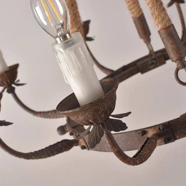 Rustic Flaxen Hemp Rope & Metal 8-Light Round Candelabra Chandelier in Rust