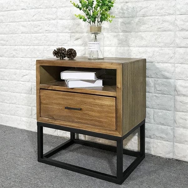 Rustic Nightstand Walnut Pine Wood Bedside Table with 1 Drawer in Black