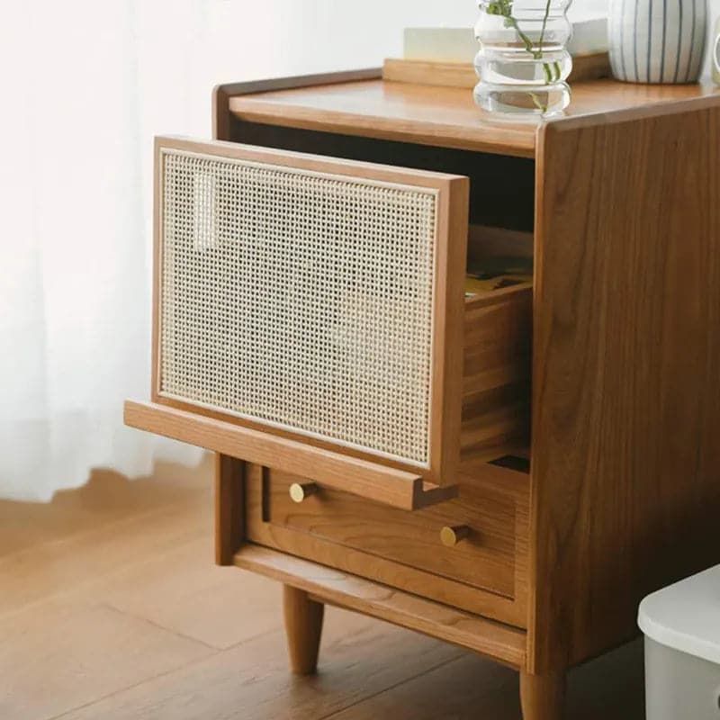 Rustic Rattan Nightstand with Storage Solid Wood Bedside Table in Walnut