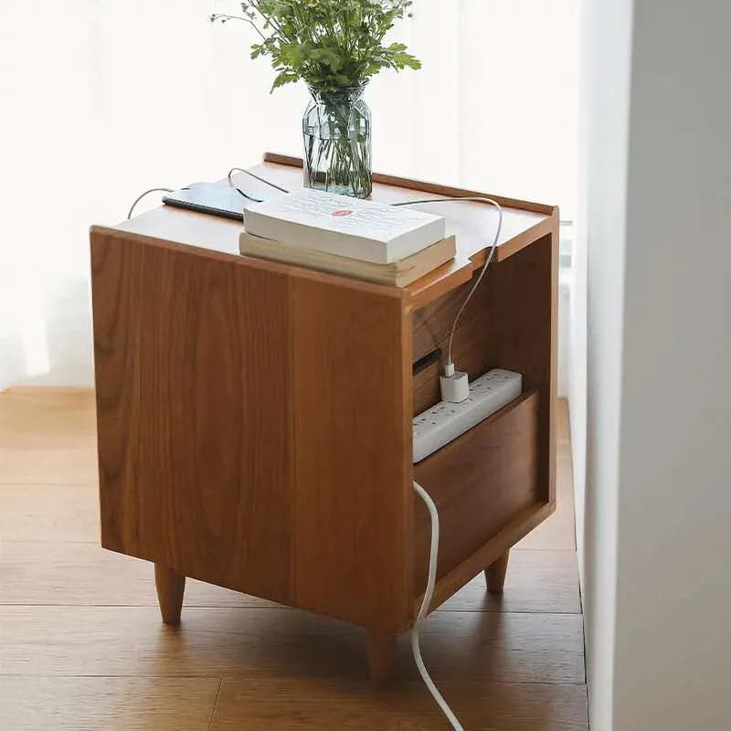 Rustic Rattan Nightstand with Storage Solid Wood Bedside Table in Walnut