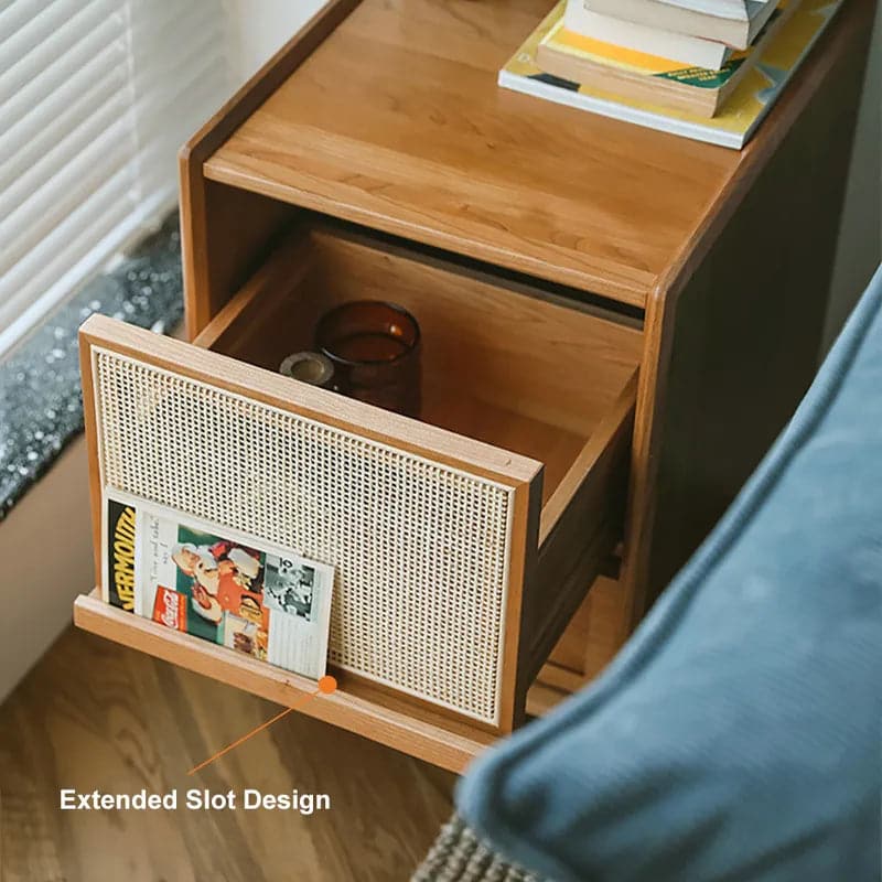 Rustic Rattan Nightstand with Storage Solid Wood Bedside Table in Walnut