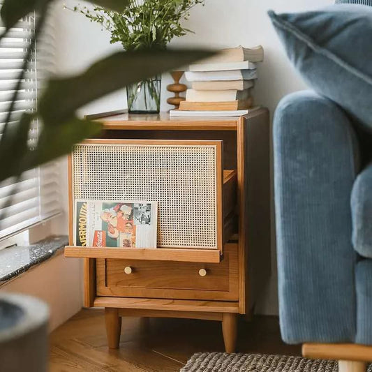 Rustic Rattan Nightstand with Storage Solid Wood Bedside Table in Walnut