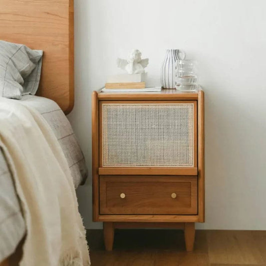 Rustic Rattan Nightstand with Storage Solid Wood Bedside Table in Walnut