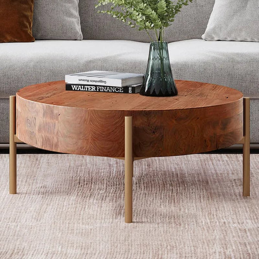 Rustic Round Coffee Table with Solid Wood Tabletop Metal Legs