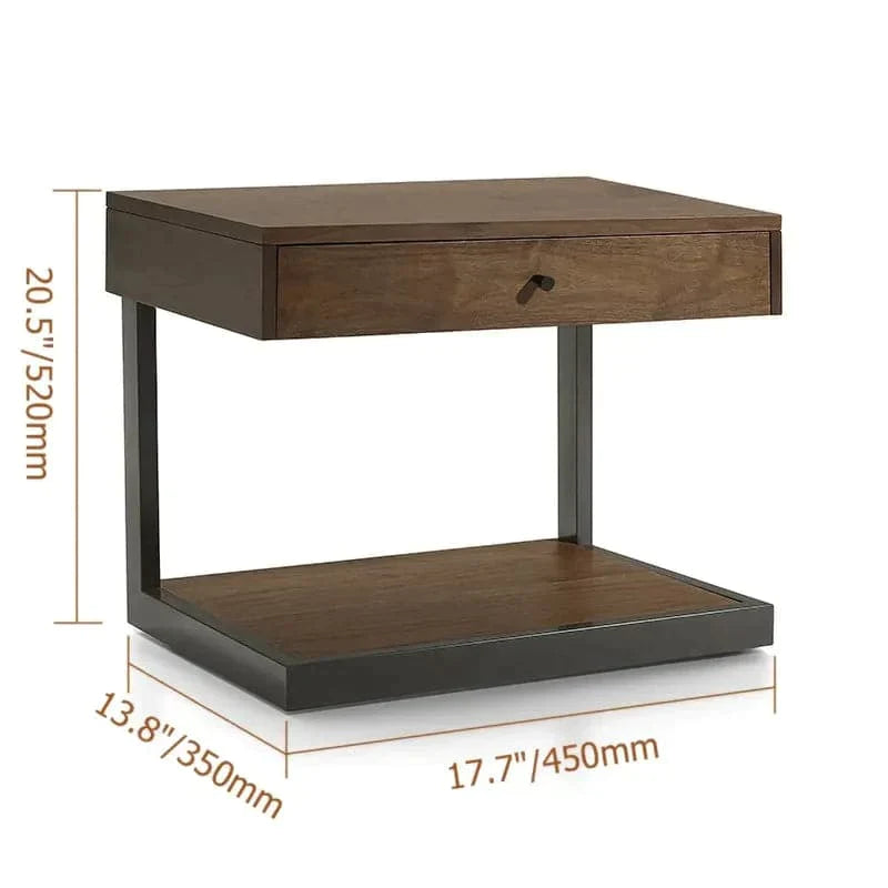 Rustic Walnut Bedroom Nightstand with Drawer with Shelf Bedside Table Wood & Black Metal