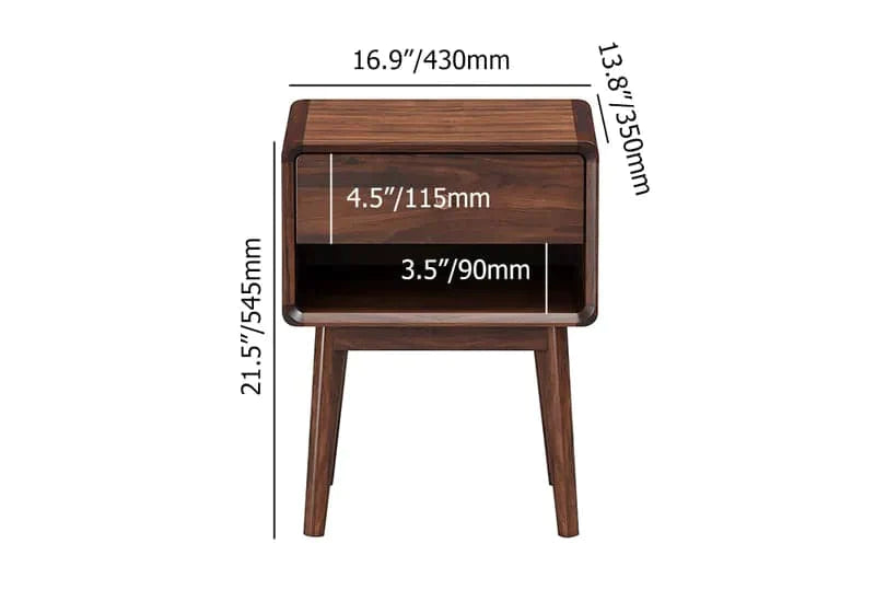 Rustic Walnut Wooden Nightstand 1-Drawer Bedside Table with Brass Pull