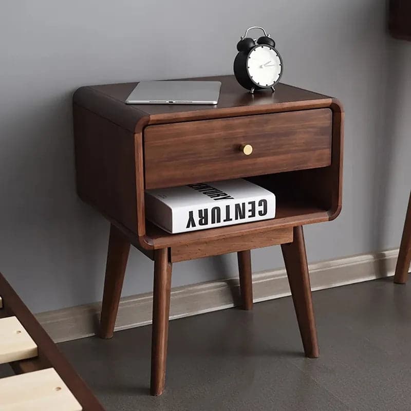 Rustic Walnut Wooden Nightstand 1-Drawer Bedside Table with Brass Pull