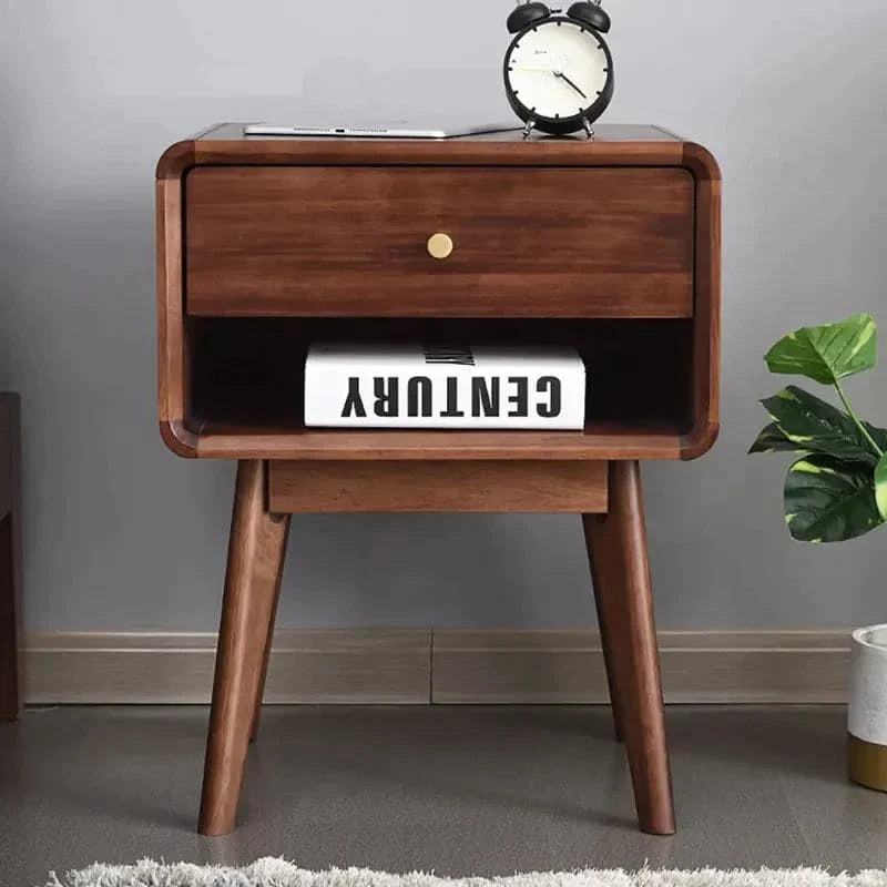 Rustic Walnut Wooden Nightstand 1-Drawer Bedside Table with Brass Pull