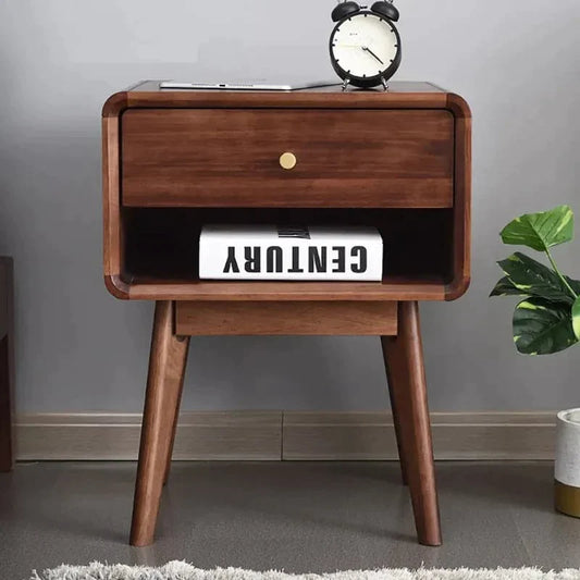 Rustic Walnut Wooden Nightstand 1-Drawer Bedside Table with Brass Pull