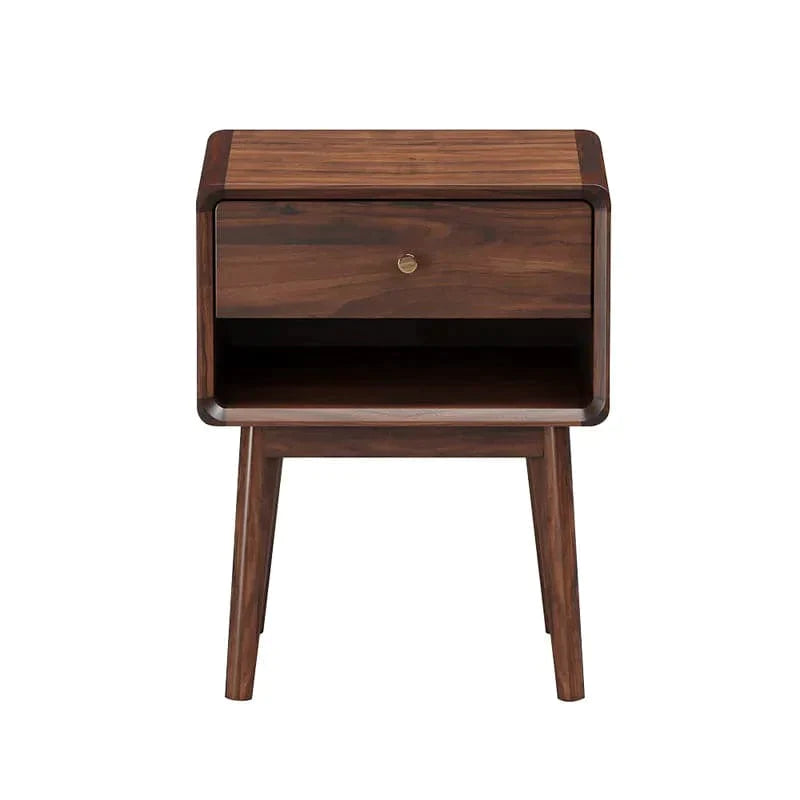 Rustic Walnut Wooden Nightstand 1-Drawer Bedside Table with Brass Pull