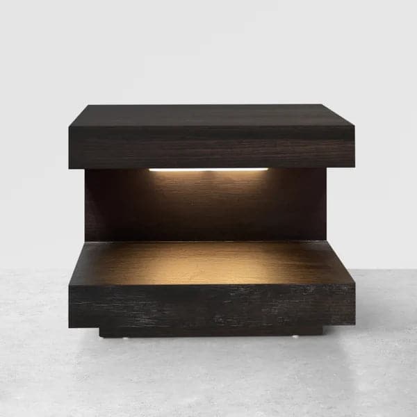 Rustic Wood Nightstand with 1 Drawer C-shaped Side Table with Light