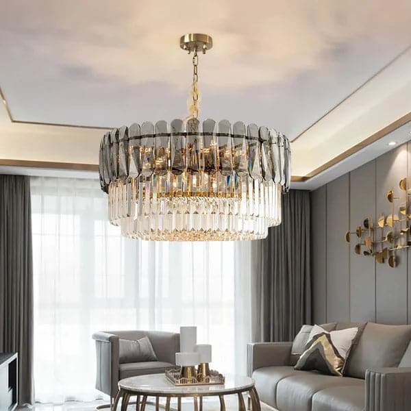 Contemporary 12-Light Crystal Tiered Chandelier in Brass & Gray