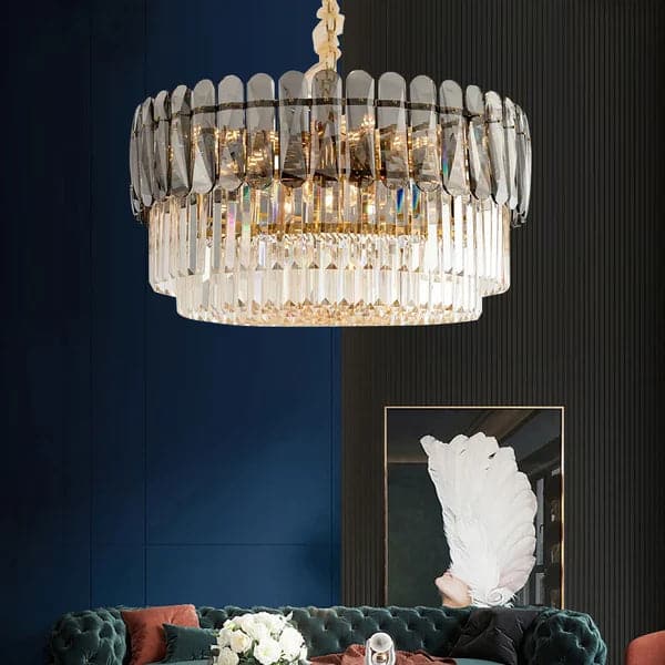 Contemporary 12-Light Crystal Tiered Chandelier in Brass & Gray