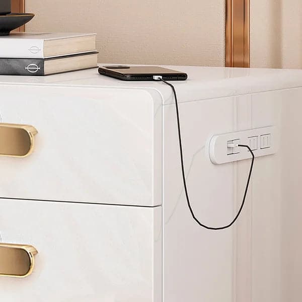 Square 2-Drawer White Nightstand with USB Port Sensor Light Bed Side Table Gold Pulls