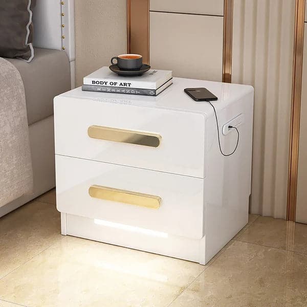 Square 2-Drawer White Nightstand with USB Port Sensor Light Bed Side Table Gold Pulls