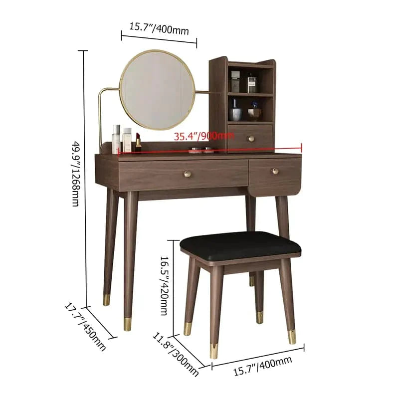 Ultic 2 Pieces Minimalist Makeup Vanity Set in Walnut with Mirror & Stool