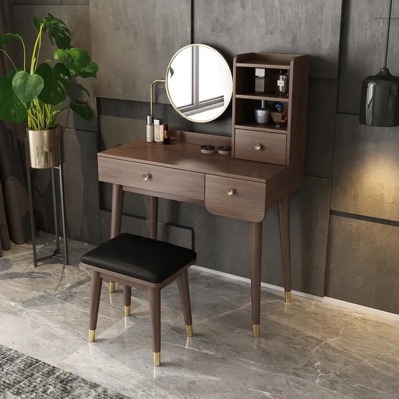 Ultic 2 Pieces Minimalist Makeup Vanity Set in Walnut with Mirror & Stool