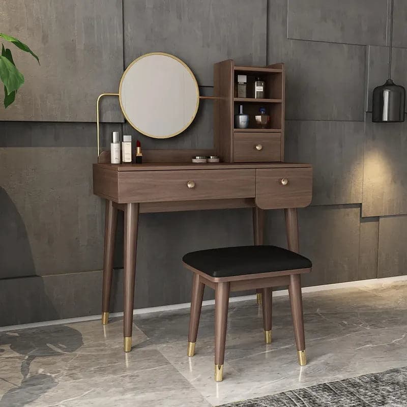 Ultic 2 Pieces Minimalist Makeup Vanity Set in Walnut with Mirror & Stool