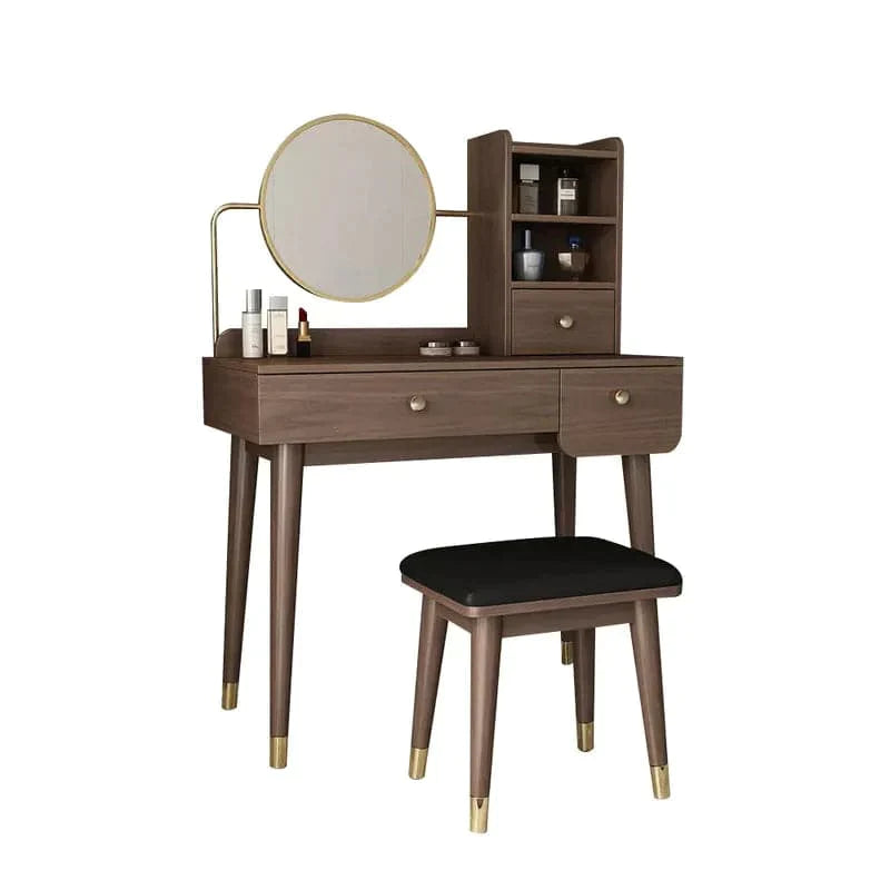 Ultic 2 Pieces Minimalist Makeup Vanity Set in Walnut with Mirror & Stool