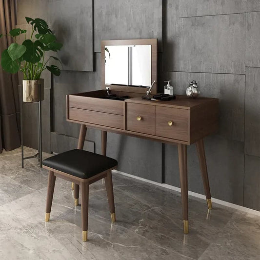 Ultic Classic Walnut Makeup Vanity Set with Flip-top Mirror & Stool