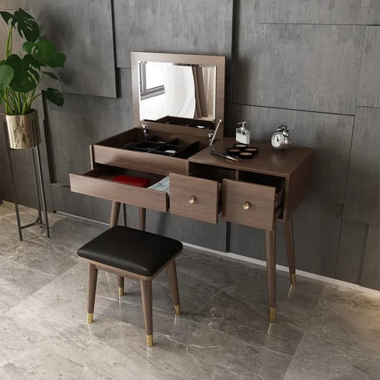 Ultic Classic Walnut Makeup Vanity Set with Flip-top Mirror & Stool