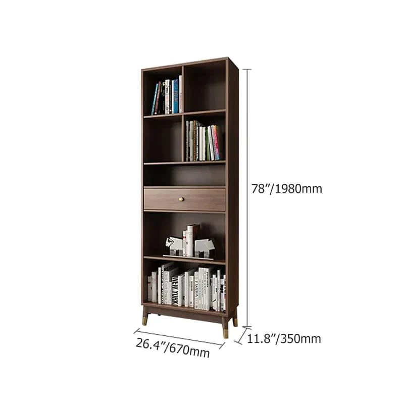 Ultic Modern Walnut Bookshelf Bookcase with Metal Frame and Drawer