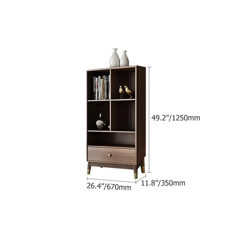 Ultic Modern Walnut Bookshelf Bookcase with Metal Frame and Drawer