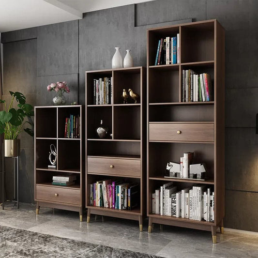 Ultic Modern Walnut Bookshelf Bookcase with Metal Frame and Drawer