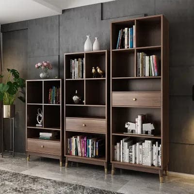 Ultic Modern Walnut Bookshelf Bookcase with Metal Frame and Drawer