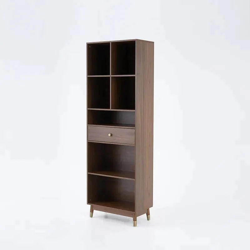 Ultic Modern Walnut Bookshelf Bookcase with Metal Frame and Drawer