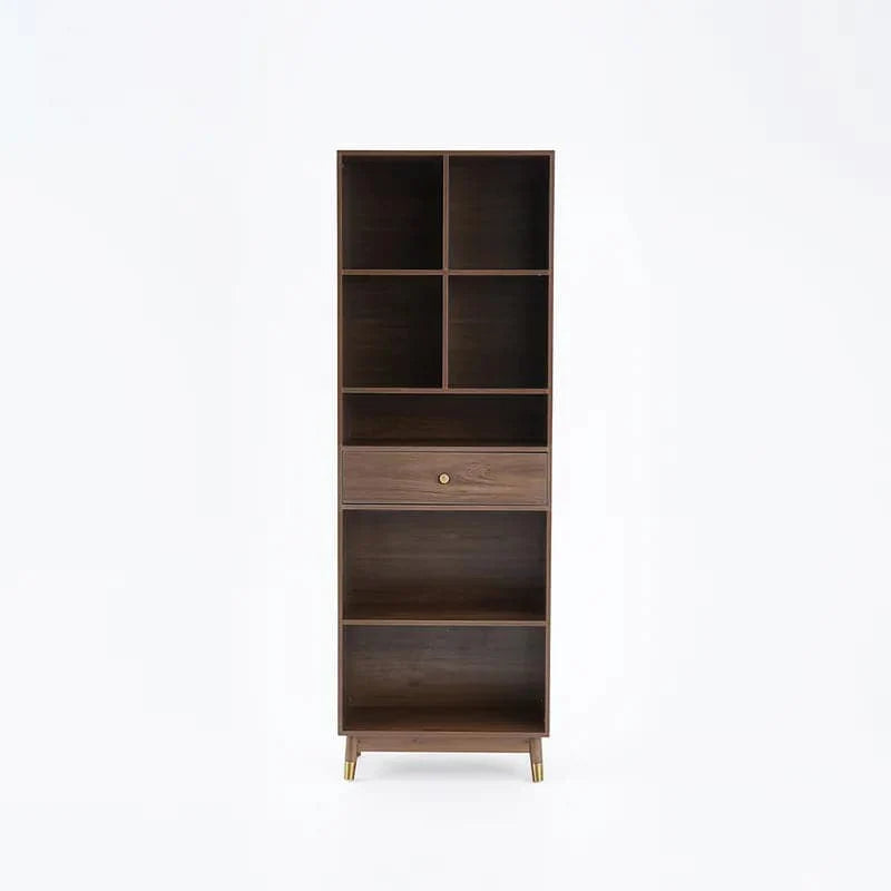 Ultic Modern Walnut Bookshelf Bookcase with Metal Frame and Drawer