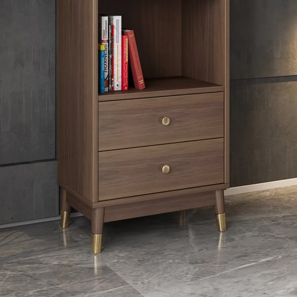 Modern & Minimalist Book Shelf with 3 Shelves & 2 Drawers in Walnut