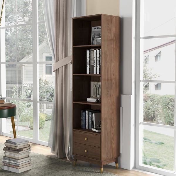 Modern & Minimalist Book Shelf with 3 Shelves & 2 Drawers in Walnut