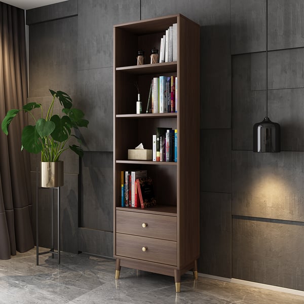 Modern & Minimalist Book Shelf with 3 Shelves & 2 Drawers in Walnut