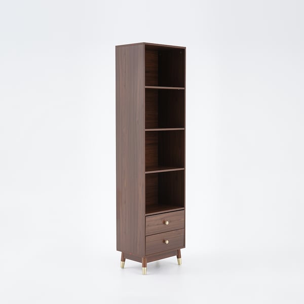 Modern & Minimalist Book Shelf with 3 Shelves & 2 Drawers in Walnut