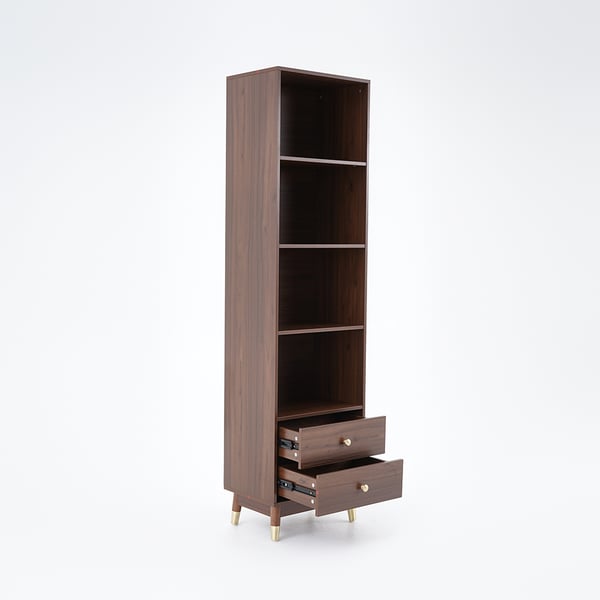 Modern & Minimalist Book Shelf with 3 Shelves & 2 Drawers in Walnut