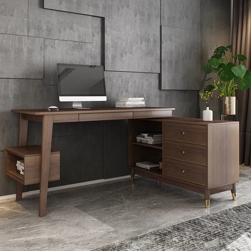 Ultic Walnut L Shaped Home Office Desk Wooden Computer Desk with Storage Drawers & Shelf