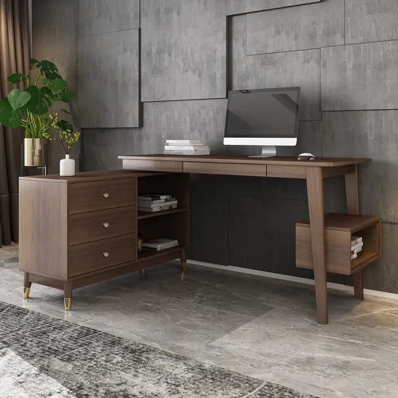 Ultic Walnut L Shaped Home Office Desk Wooden Computer Desk with Storage Drawers & Shelf