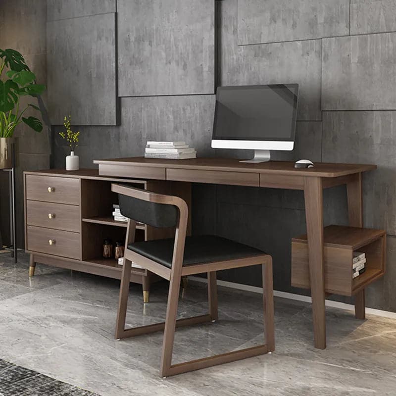 Ultic Walnut L Shaped Home Office Desk Wooden Computer Desk with Storage Drawers & Shelf