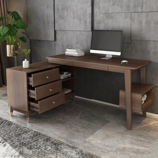 Ultic Walnut L Shaped Home Office Desk Wooden Computer Desk with Storage Drawers & Shelf