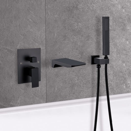 Wall Mounted Waterfall Bathtub Faucet Tub Filler Matte Black with Hand Shower